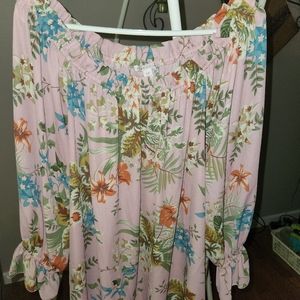 Blouse pink floral with elastic 3/4 ruffle sleeve